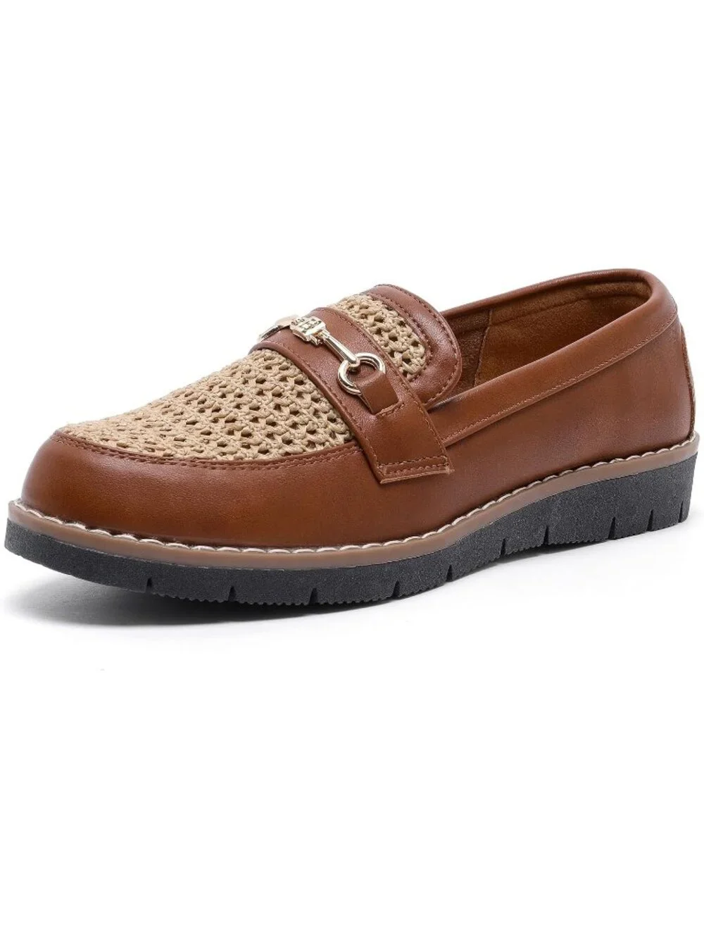 🆕Women's Brown Woven Round Toe Platform Chunky Heeled Loafers Business Shoes